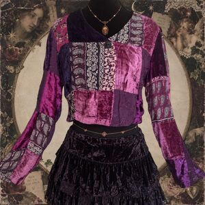 PG Collections Patchwork Velvet Cropped Jacket Whimsigoth Boho 90s Purple